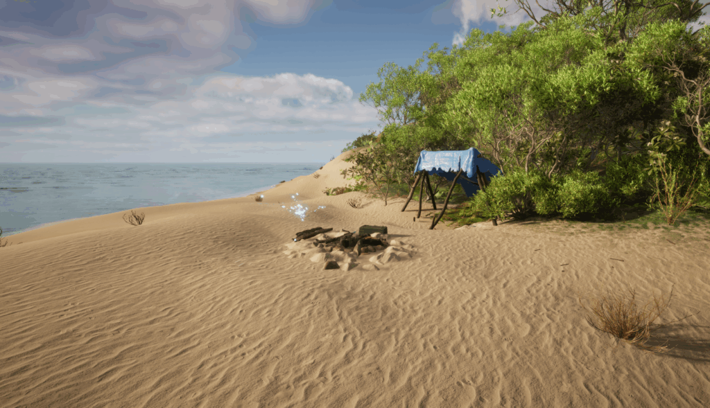 A 3D Render of a beach with a shelter and burnt down campfire on it.